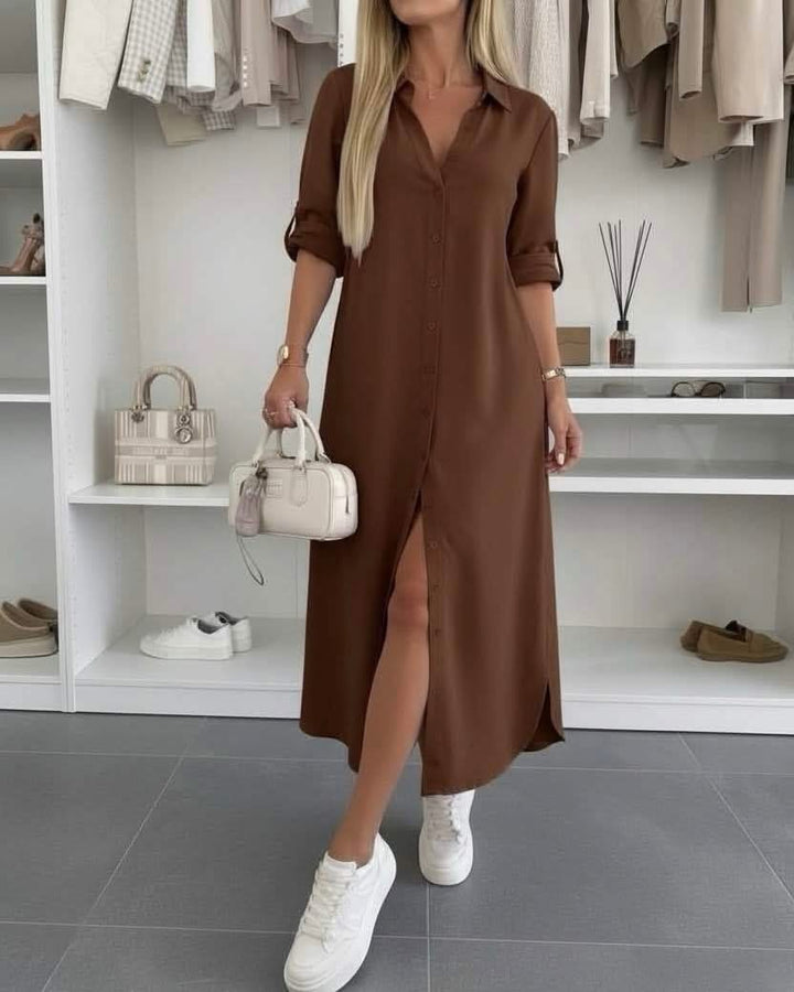 Button Midi Dress Elegant Relaxed Fit Timeless Feminine Style