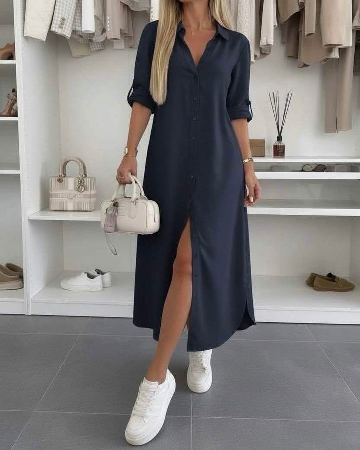 Button Midi Dress Elegant Relaxed Fit Timeless Feminine Style