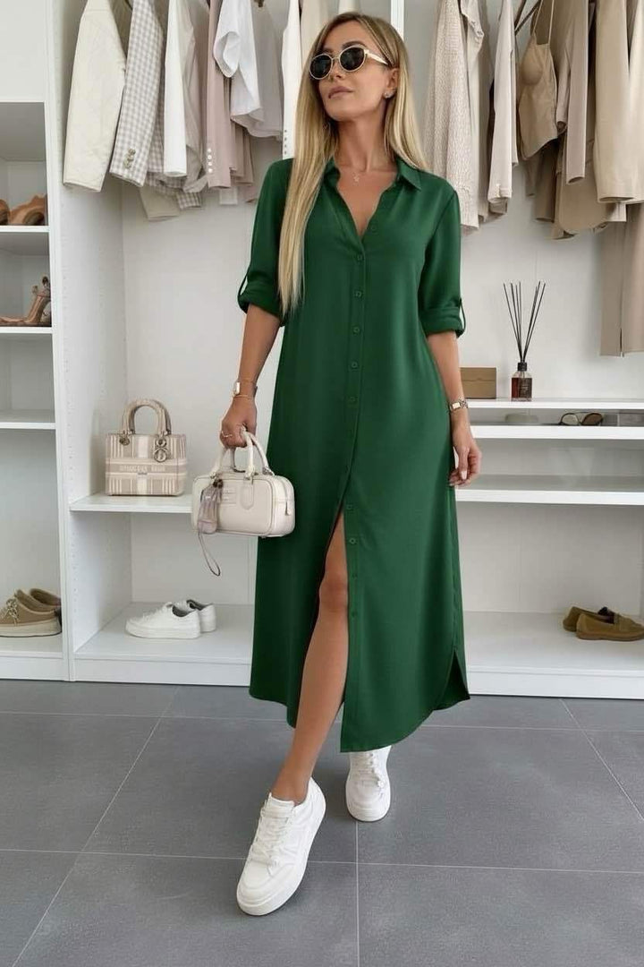Button Midi Dress Elegant Relaxed Fit Timeless Feminine Style
