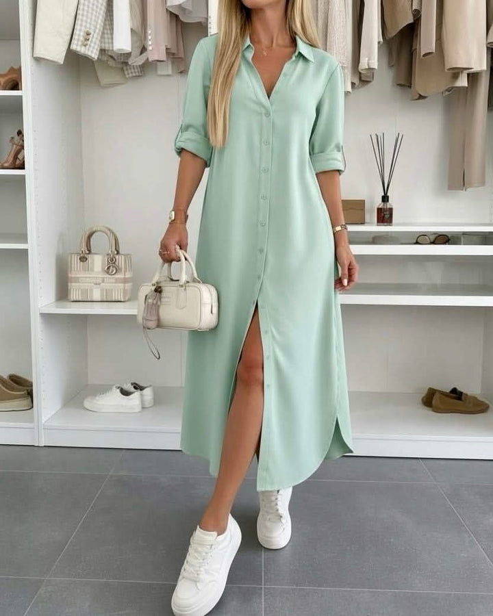 Button Midi Dress Elegant Relaxed Fit Timeless Feminine Style