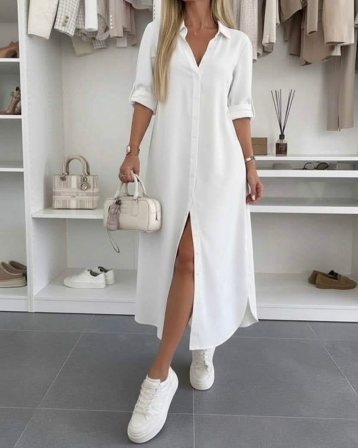 Button Midi Dress Elegant Relaxed Fit Timeless Feminine Style