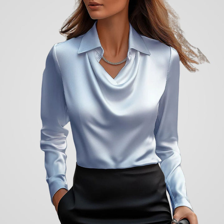 Blouse Satin Draped Neck Long Sleeve Elegant Style