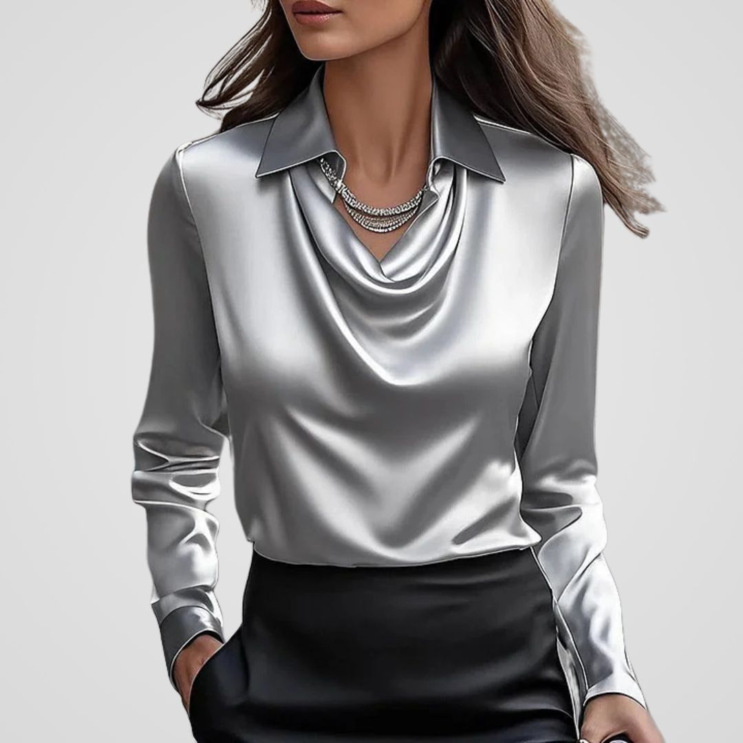 Blouse Satin Draped Neck Long Sleeve Elegant Style