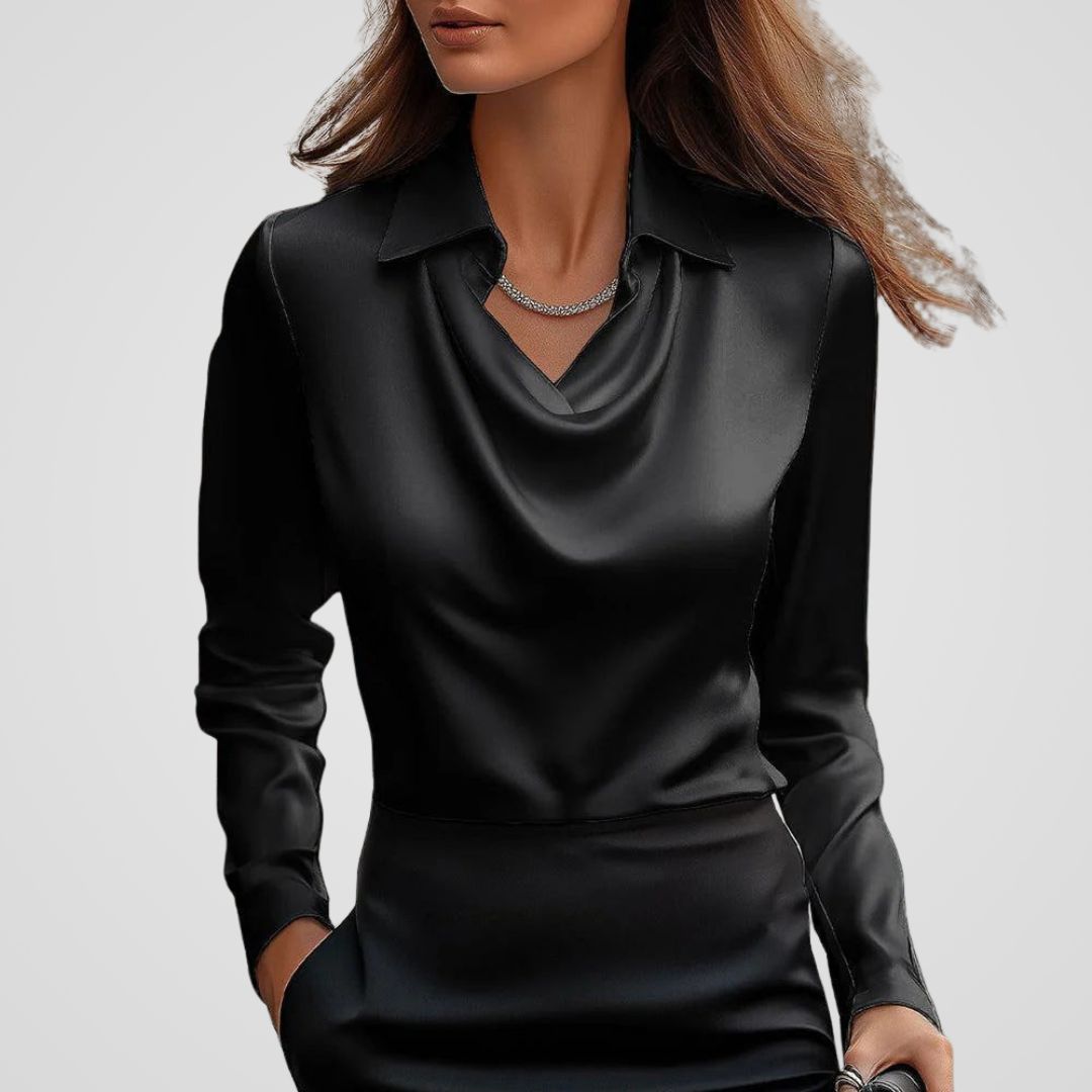 Blouse Satin Draped Neck Long Sleeve Elegant Style