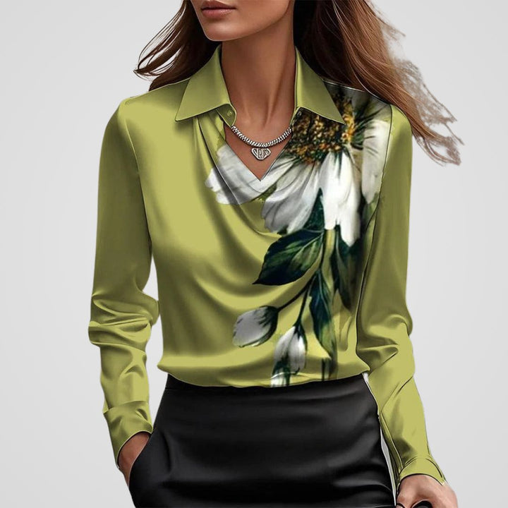 Blouse Satin Draped Neck Long Sleeve Elegant Style
