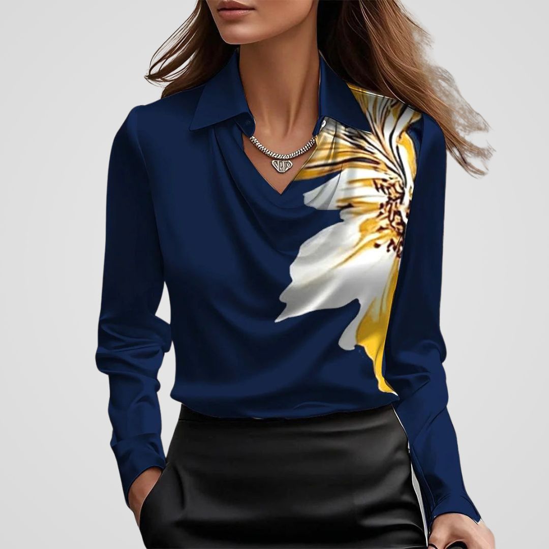 Blouse Satin Draped Neck Long Sleeve Elegant Style