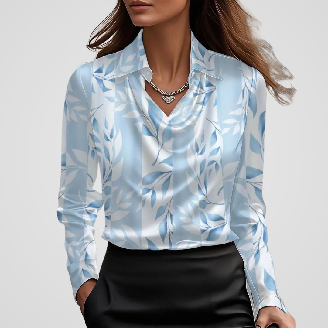 Blouse Satin Draped Neck Long Sleeve Elegant Style