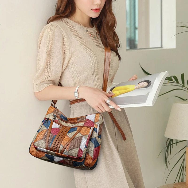 Handbag Patchwork Leather Mosaic Design Practical Compartments Everyday Style