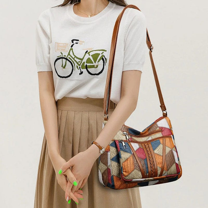 Handbag Patchwork Leather Mosaic Design Practical Compartments Everyday Style