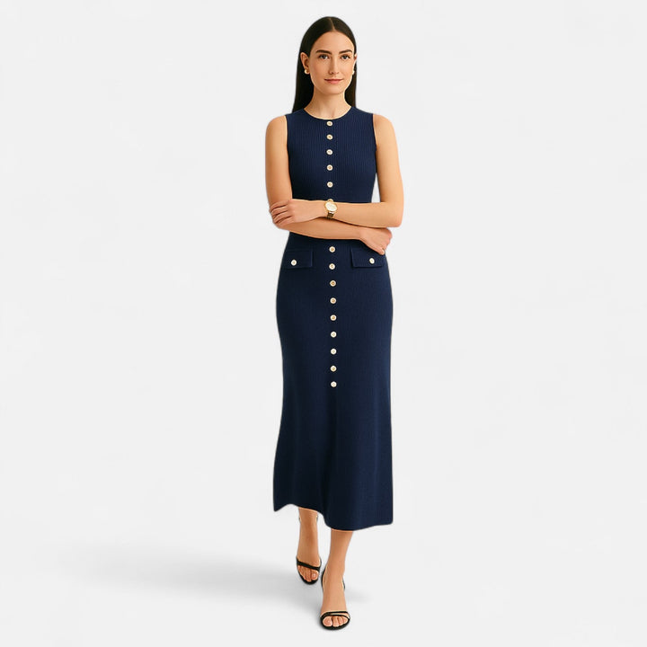 Knit Maxi Dress Button Detail Sleeveless Elegant Summer Style