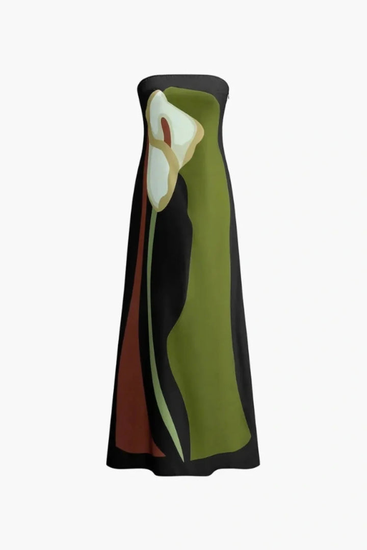 Strapless Maxi Dress Abstract Floral Print Column Elegant Evening Style
