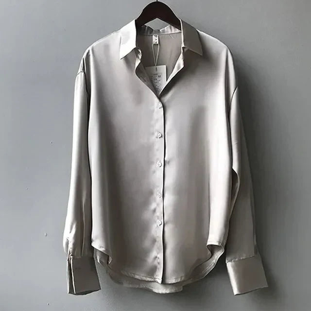 Blouse Satin Button Up Long Sleeve Relaxed Fit Elegant Style