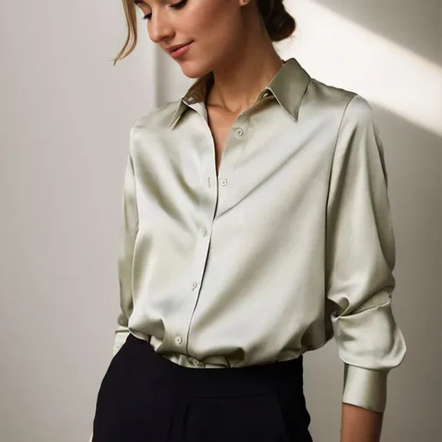 Blouse Satin Button Up Long Sleeve Relaxed Fit Elegant Style