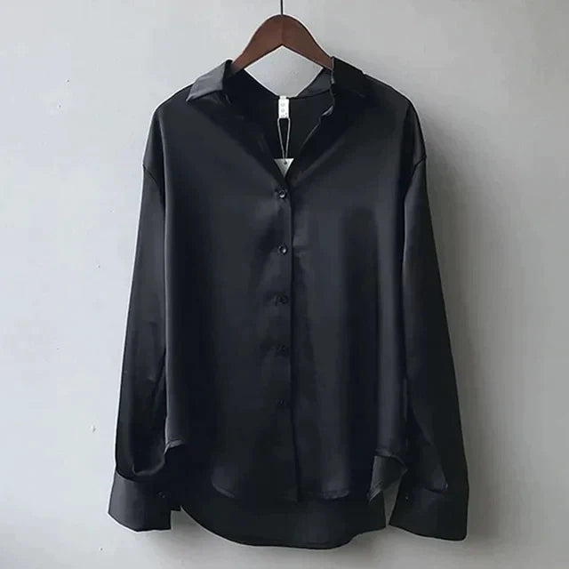 Blouse Satin Button Up Long Sleeve Relaxed Fit Elegant Style