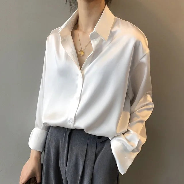 Blouse Satin Button Up Long Sleeve Relaxed Fit Elegant Style