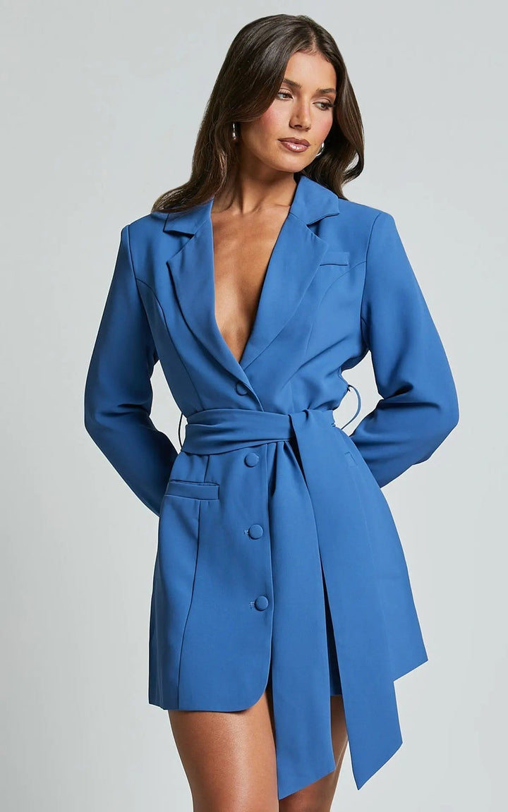 Blazer Dress Belted Women Tailored Fit Elegant Style