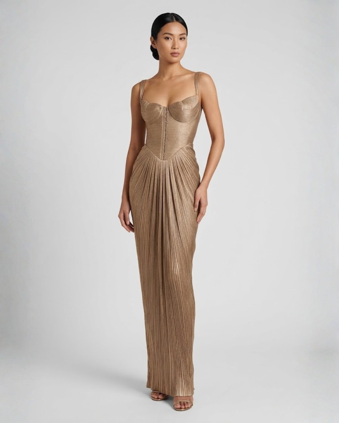 Womens Maxi Dress with Pleated Bustier Thin Straps and Lace Up Back