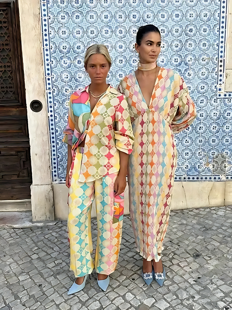 Two Piece Set Geometric Print Shirt Wide Leg Trousers Resort Style