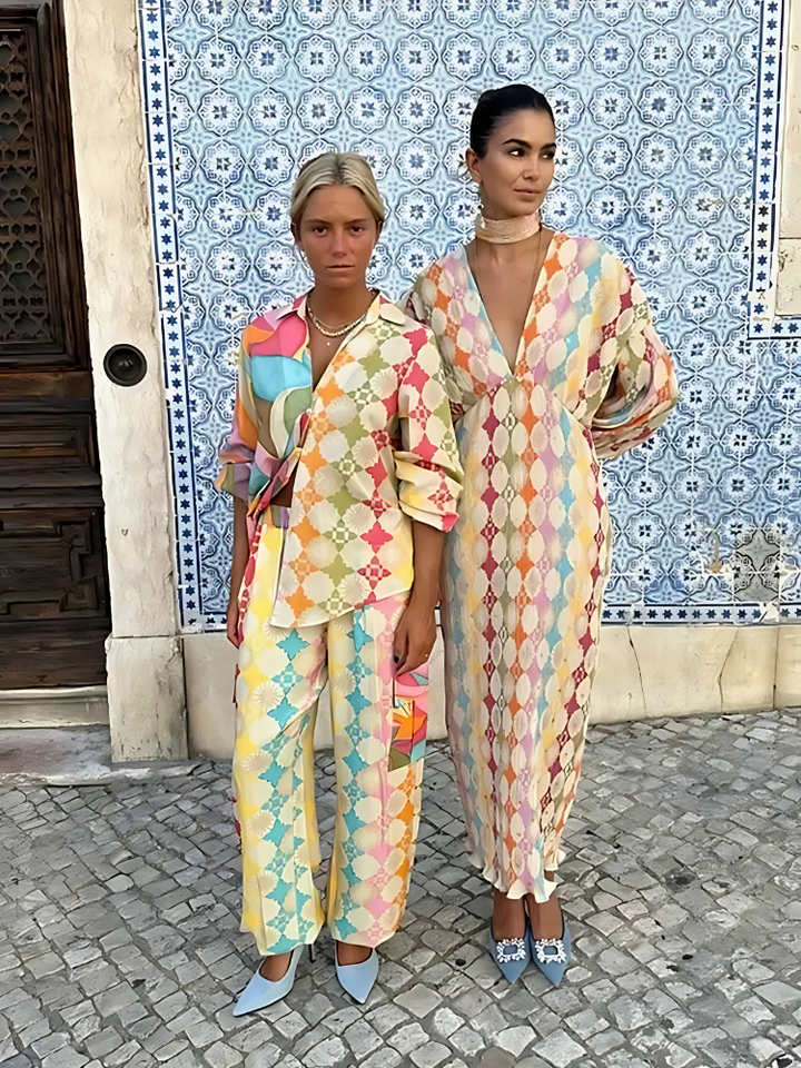Two Piece Set Geometric Print Shirt Wide Leg Trousers Resort Style