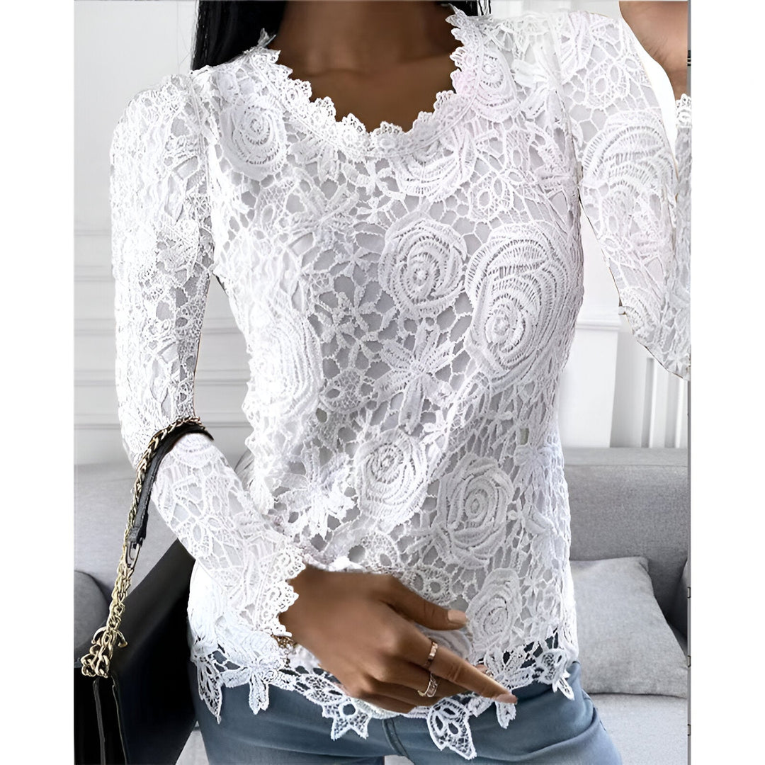 Blouse Round Neck Lace Detail Long Sleeve Elegant Style