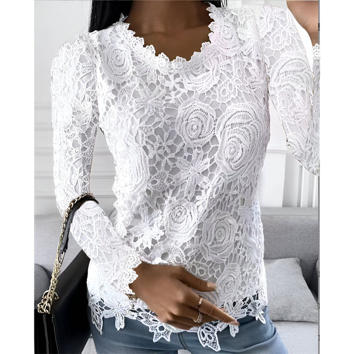 Blouse Round Neck Lace Detail Long Sleeve Elegant Style