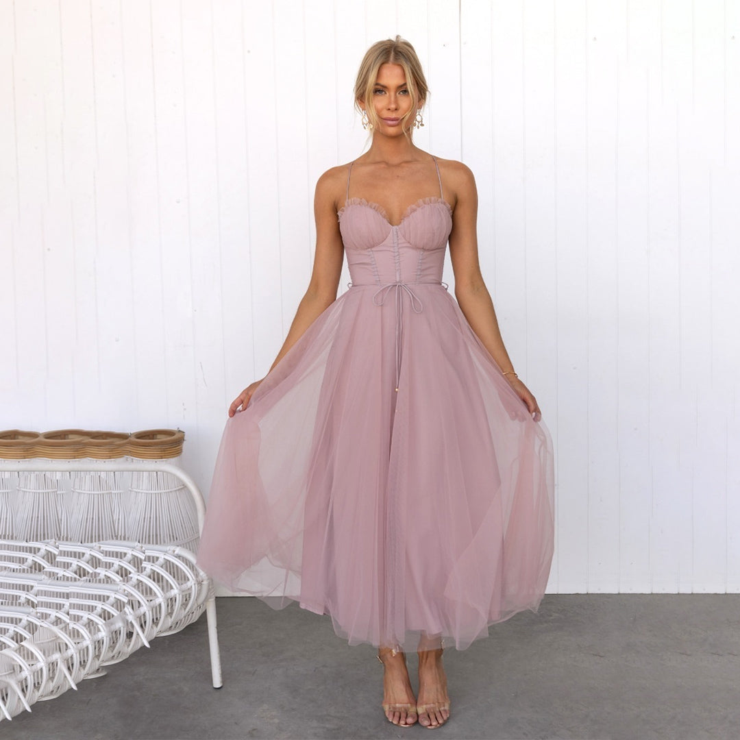 Midi Dress for Women with Thin Straps, Corset Waist, Bustier and Tulle Skirt