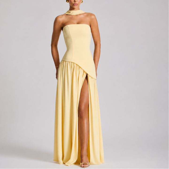 Maxi Dress Open Back Scarf Detail Elegant Evening Style