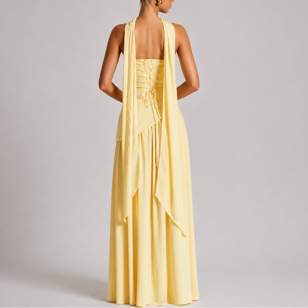 Maxi Dress Open Back Scarf Detail Elegant Evening Style