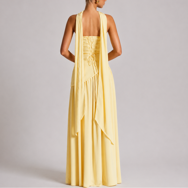 Maxi Dress Open Back Scarf Detail Elegant Evening Style