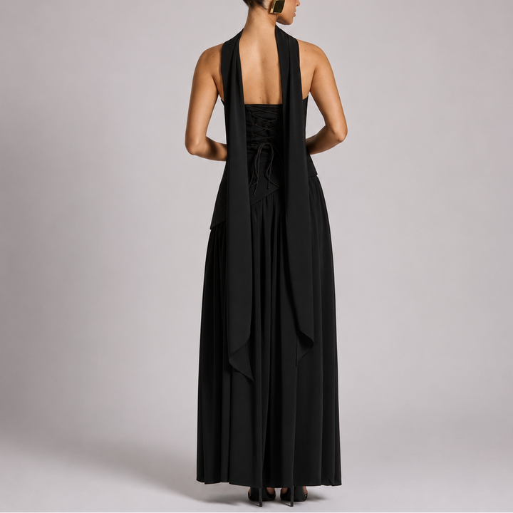 Maxi Dress Open Back Scarf Detail Elegant Evening Style