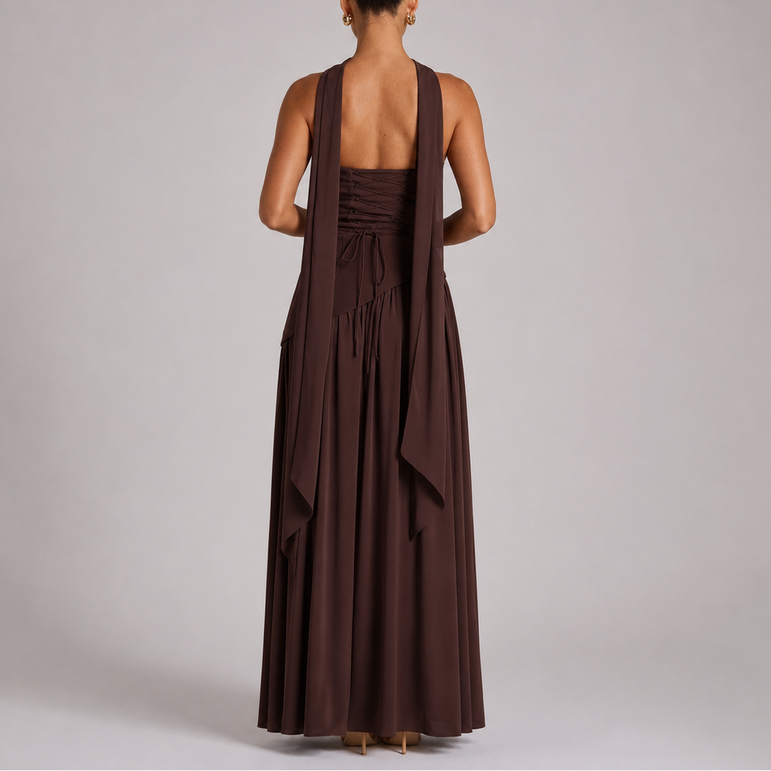 Maxi Dress Open Back Scarf Detail Elegant Evening Style