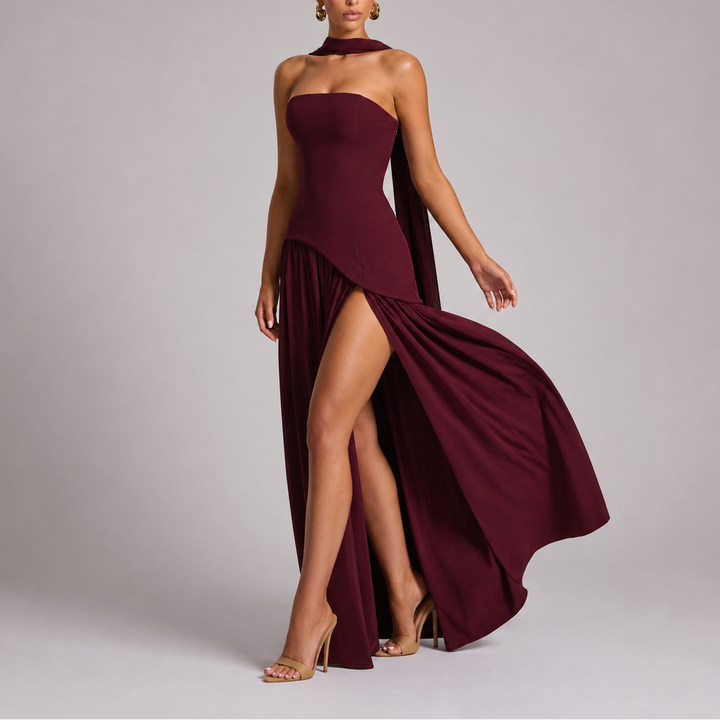 Maxi Dress Open Back Scarf Detail Elegant Evening Style
