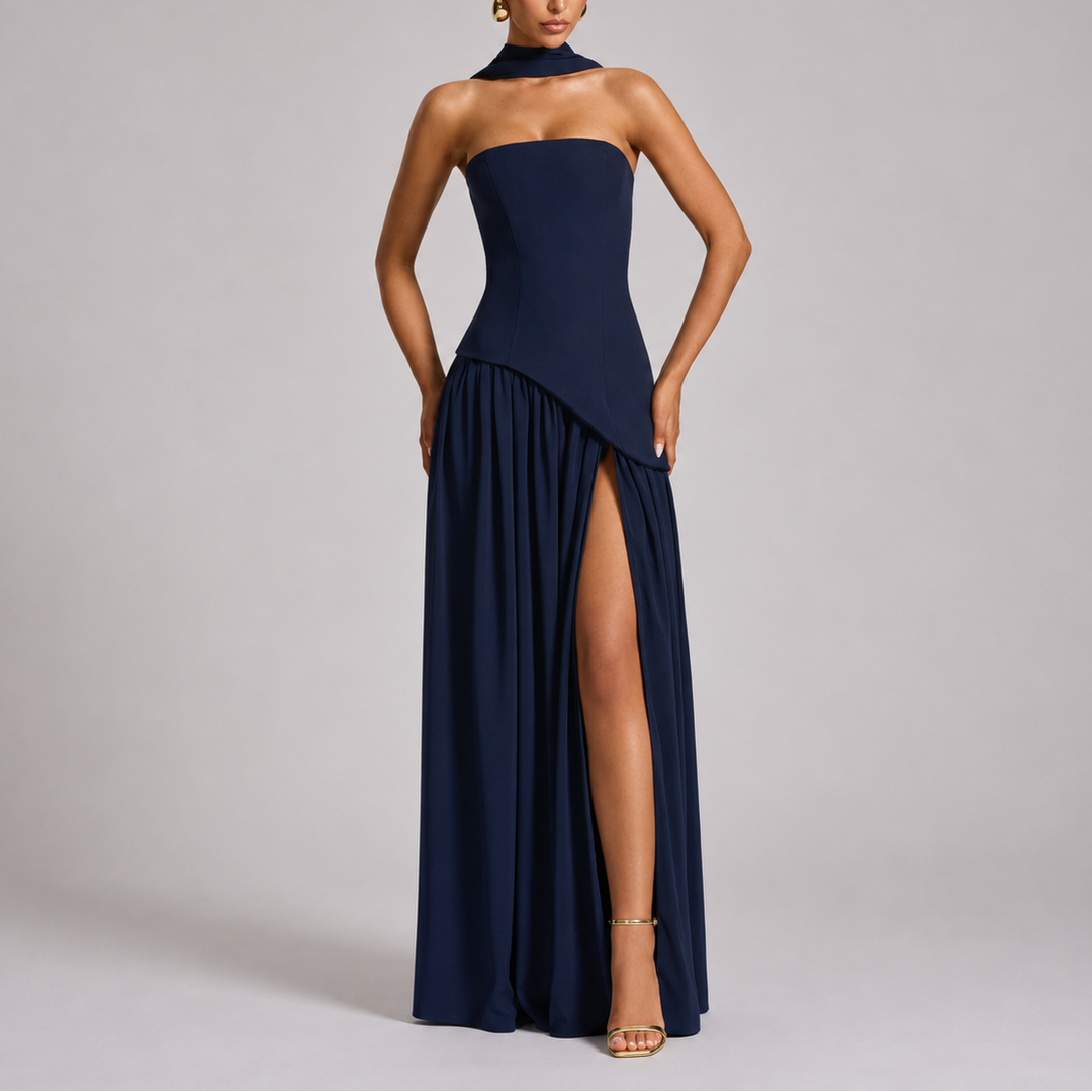 Maxi Dress Open Back Scarf Detail Elegant Evening Style