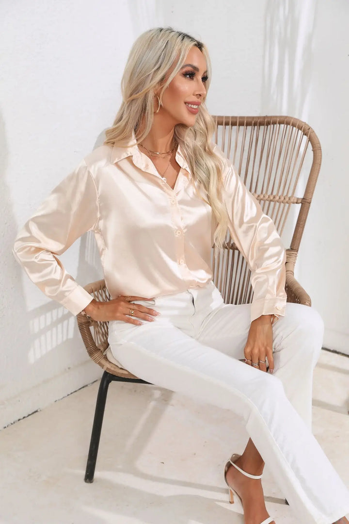 Blouse Satin Button Up Long Sleeve Elegant Style