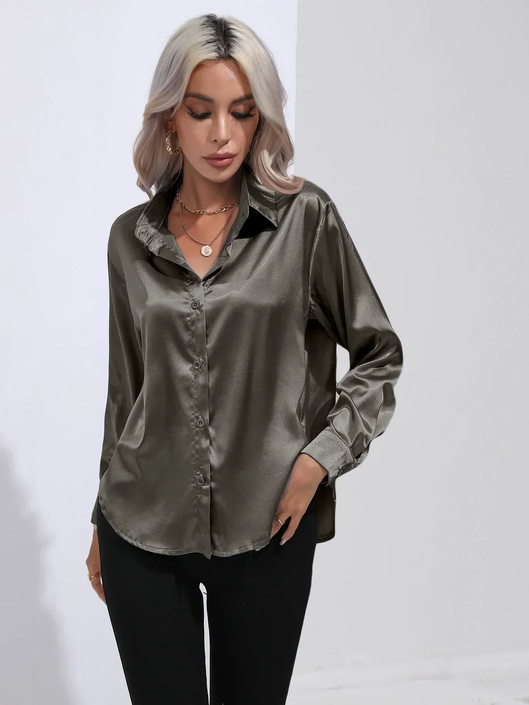 Blouse Satin Button Up Long Sleeve Elegant Style