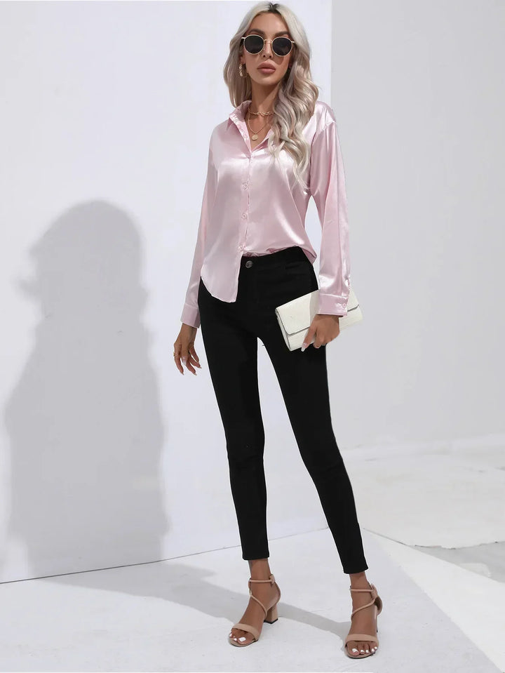 Blouse Satin Button Up Long Sleeve Elegant Style