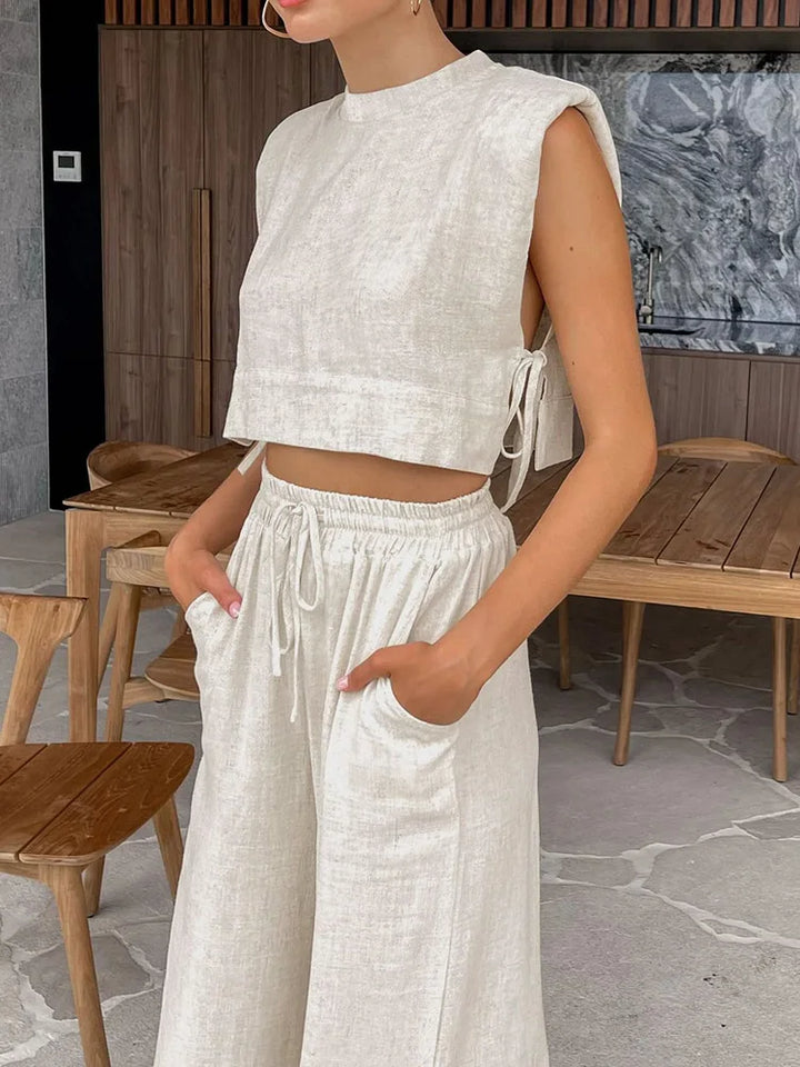 Two Piece Set Sleeveless Crop Top Wide Leg Trousers Elegant Resort Style
