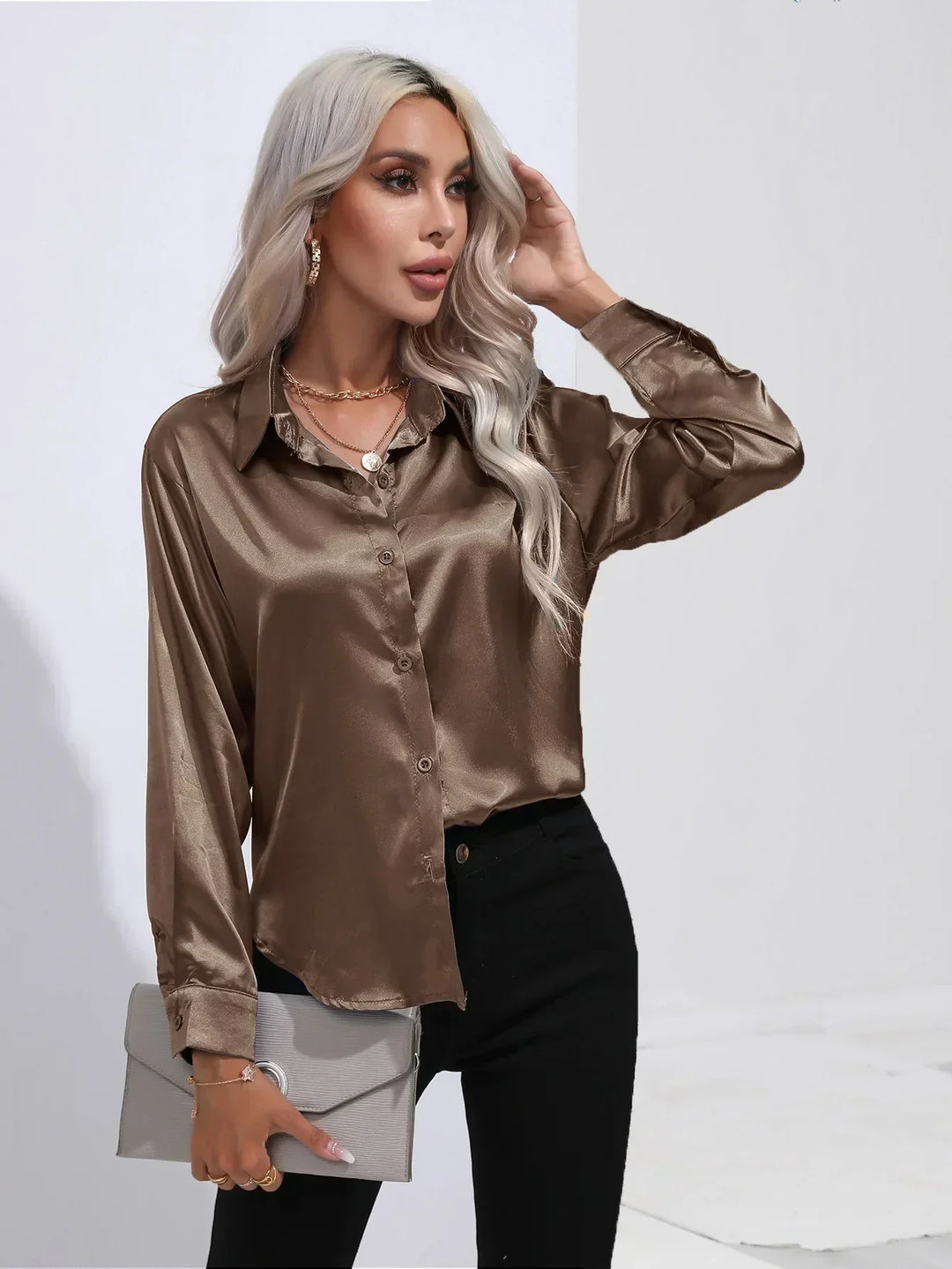 Blouse Satin Button Up Long Sleeve Elegant Style