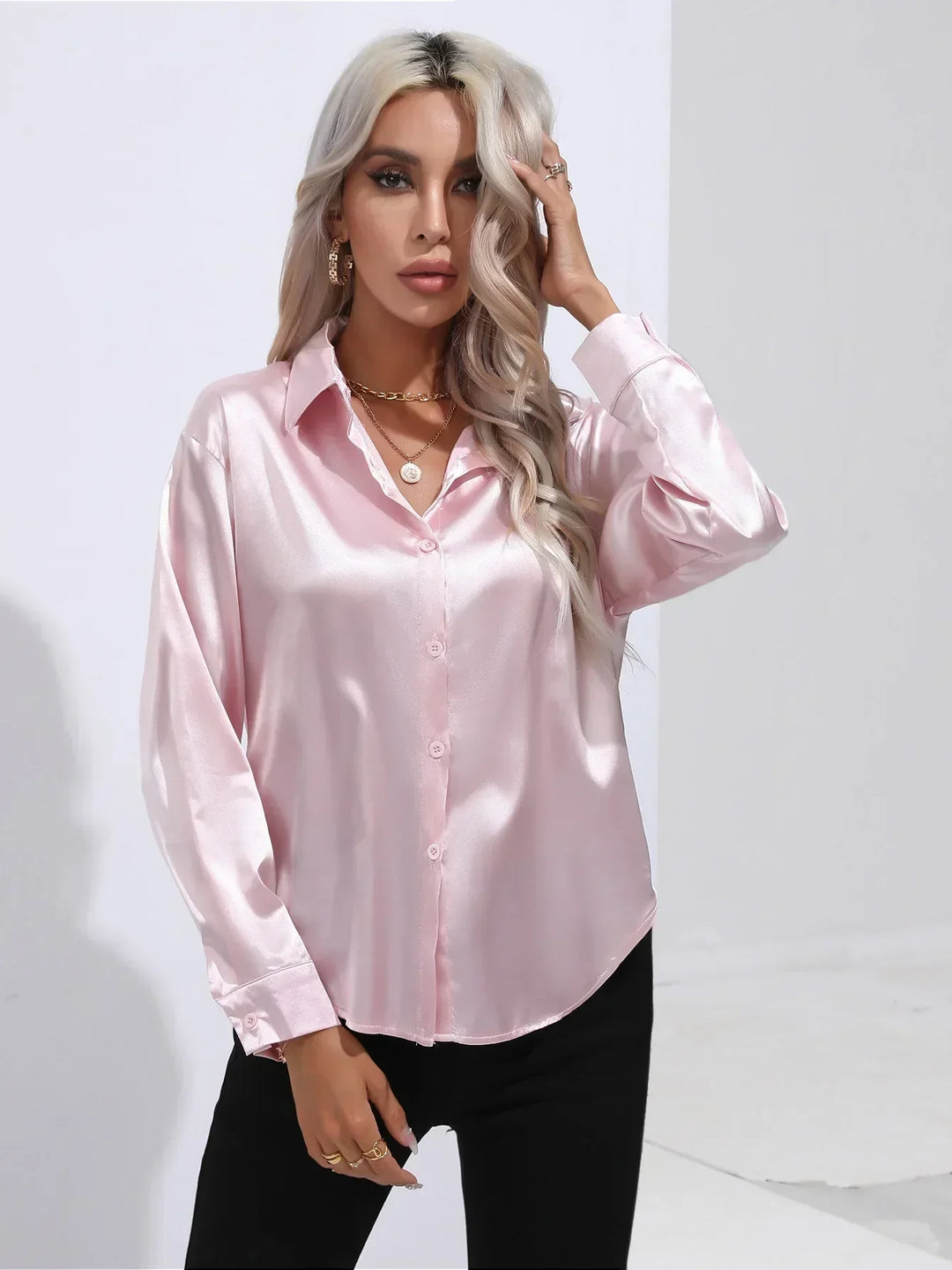 Blouse Satin Button Up Long Sleeve Elegant Style