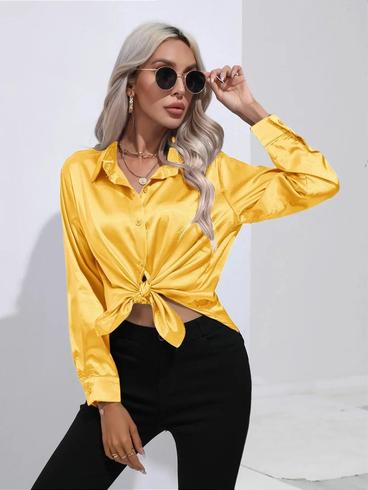 Blouse Satin Button Up Long Sleeve Elegant Style