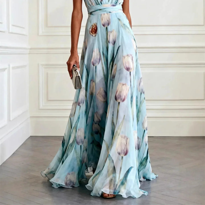 Womens Maxi Dress with Floral Print V Neck and Sleeveless Design