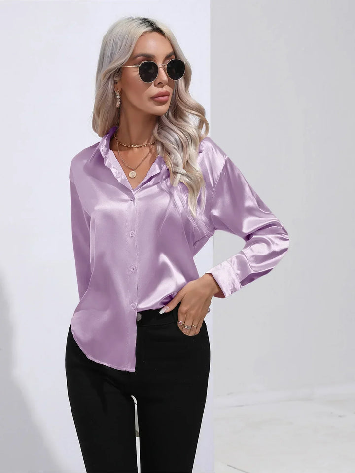 Blouse Satin Button Up Long Sleeve Elegant Style