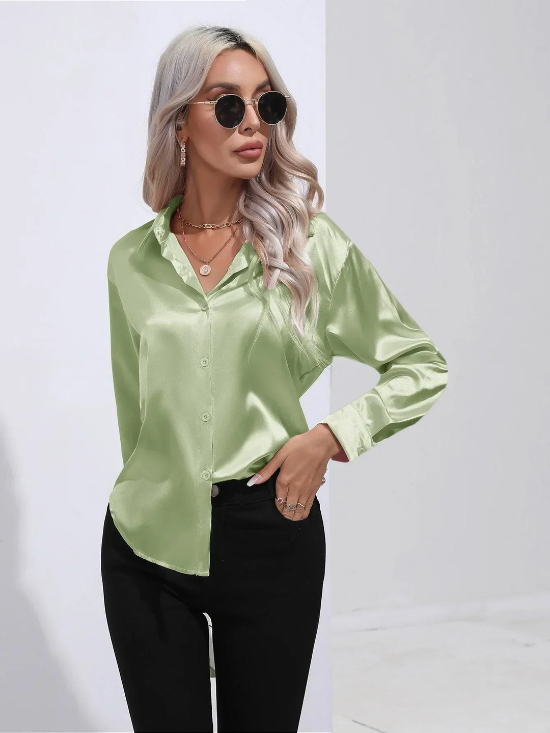 Blouse Satin Button Up Long Sleeve Elegant Style