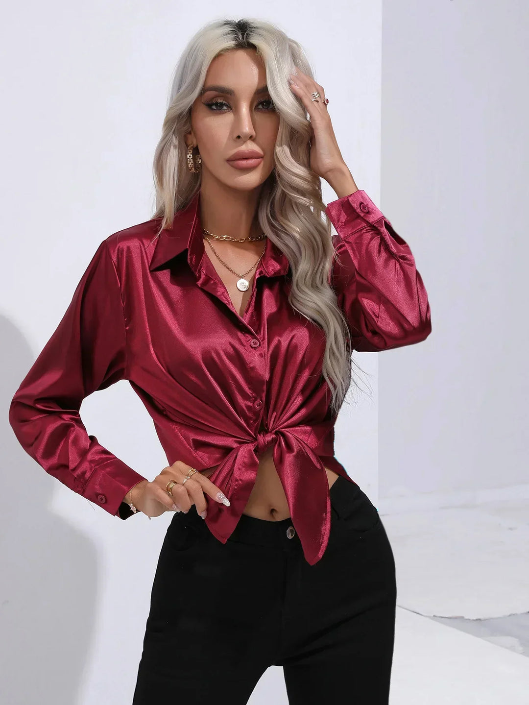 Blouse Satin Button Up Long Sleeve Elegant Style
