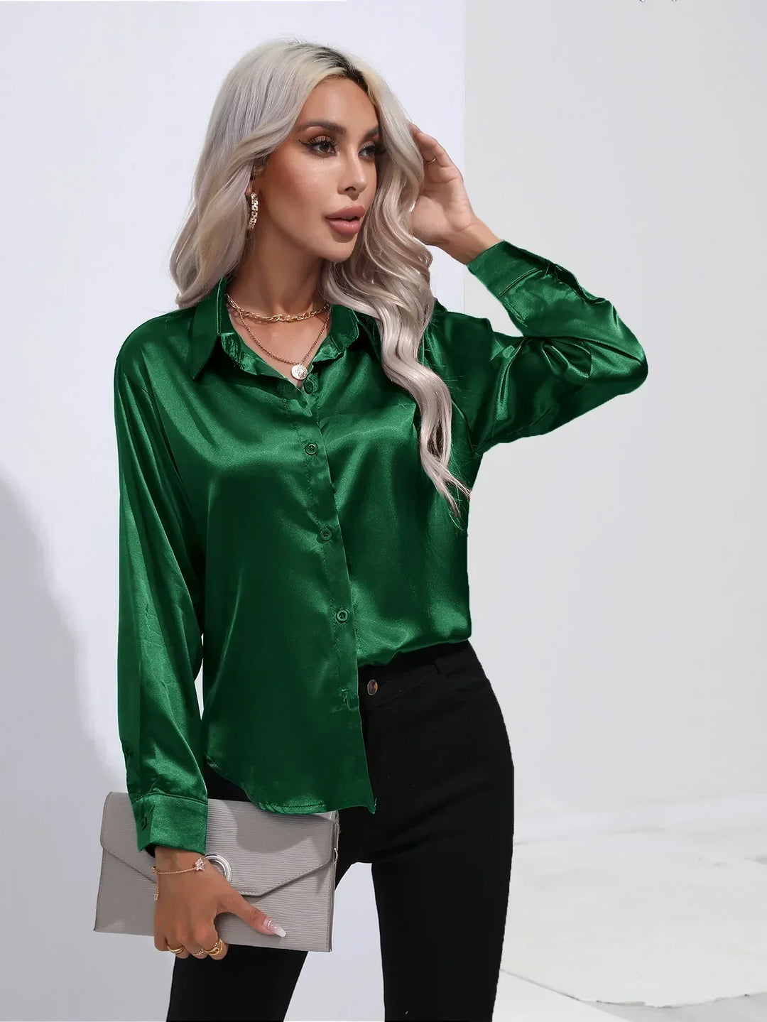 Blouse Satin Button Up Long Sleeve Elegant Style
