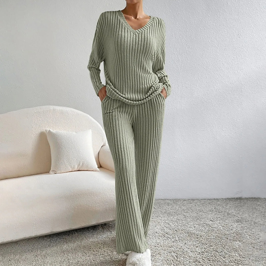 Two Piece Set Ribbed Knit V Neck Top Wide Leg Trousers Lounge Style