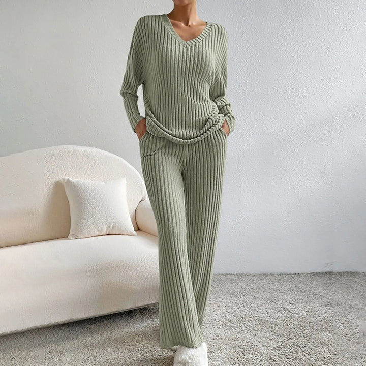 Two Piece Set Ribbed Knit V Neck Top Wide Leg Trousers Lounge Style