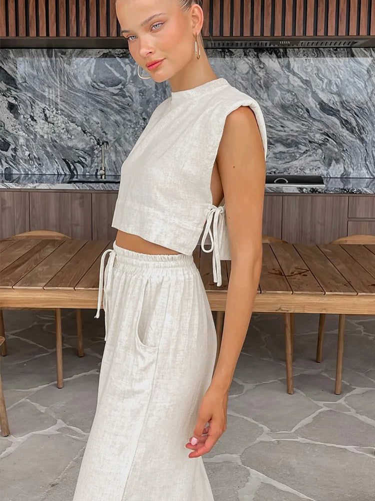 Two Piece Set Sleeveless Crop Top Wide Leg Trousers Elegant Resort Style