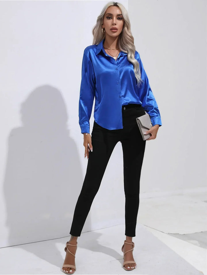 Blouse Satin Button Up Long Sleeve Elegant Style