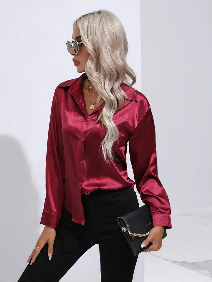 Blouse Satin Button Up Long Sleeve Elegant Style